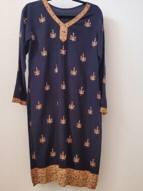 Navy Embroidered Long Sleeve Women’s Dress
